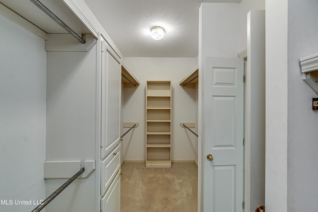 walk in closet with light carpet