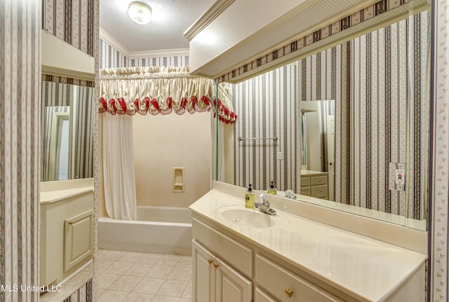 bathroom with tile patterned floors, ornamental molding, a textured ceiling, vanity, and shower / tub combo with curtain