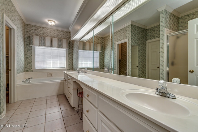 bathroom with crown molding, tile patterned flooring, vanity, and shower with separate bathtub