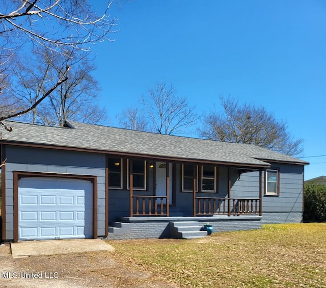 ranch-style house with an attached garage, covered porch, driveway, roof with shingles, and a front yard