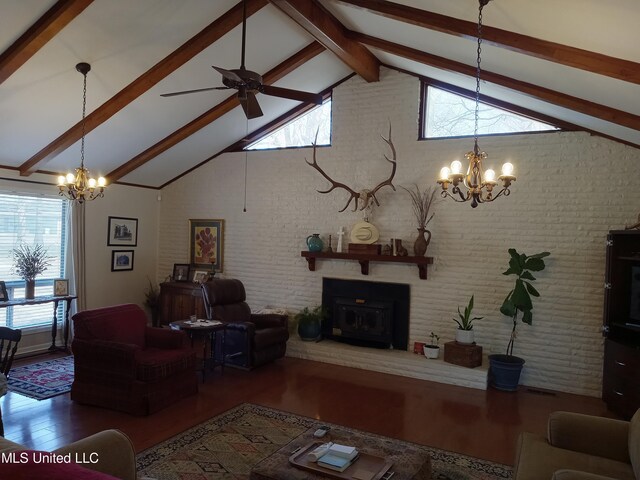 114 S 49th Hwy, Indianola, MS 38751 - living area featuring a chandelier, high vaulted ceiling, beam ceiling, wood finished floors, and ceiling fan