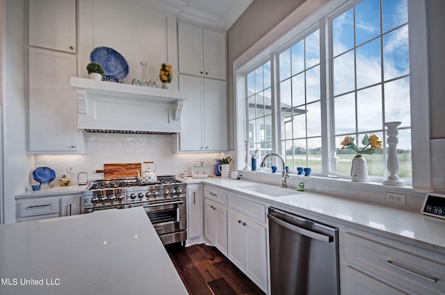 kitchen featuring appliances with stainless steel finishes, sink, white cabinets, decorative backsplash, and dark hardwood / wood-style floors