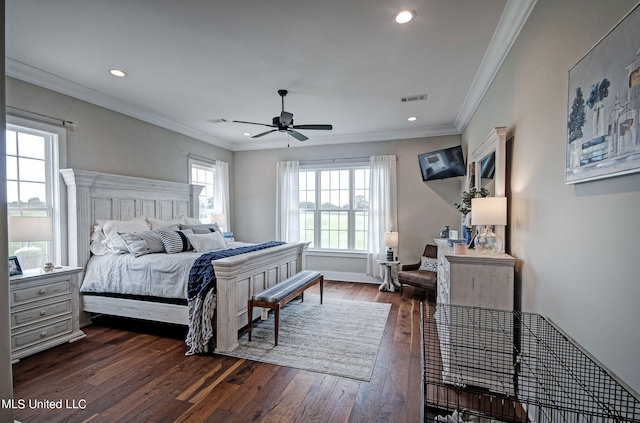 bedroom with ceiling fan, multiple windows, dark hardwood / wood-style flooring, and crown molding