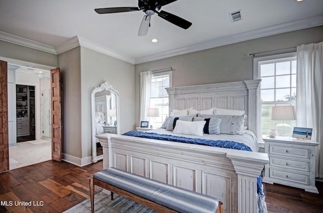 bedroom featuring ornamental molding, dark wood-type flooring, and ceiling fan