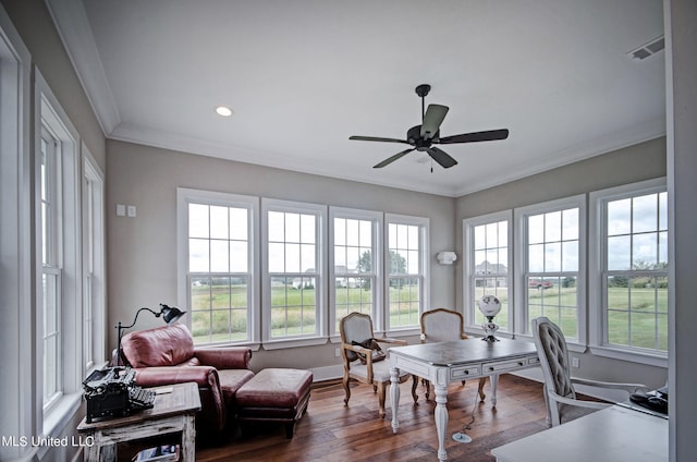 sunroom with ceiling fan and a healthy amount of sunlight