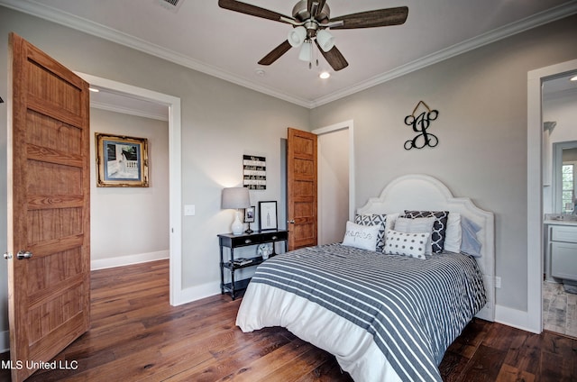 bedroom featuring ceiling fan, ornamental molding, dark hardwood / wood-style flooring, and ensuite bathroom