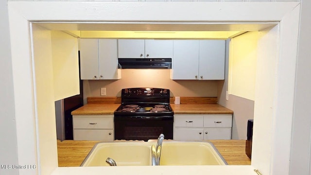413 Kahler St Unit 27, Gulfport, MS 39507 - kitchen with black range with electric stovetop, under cabinet range hood, a sink, white cabinetry, and light countertops
