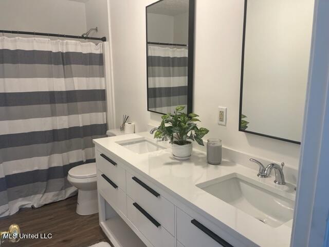 bathroom featuring vanity, curtained shower, hardwood / wood-style flooring, and toilet