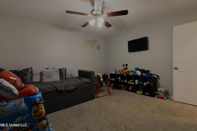 living room featuring carpet floors and ceiling fan