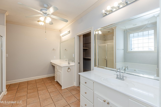 bathroom featuring tile patterned floors, an enclosed shower, vanity, ceiling fan, and crown molding