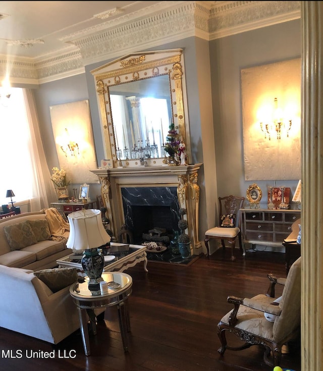 500 Franklin St, Natchez, MS 39120 - living room with ornamental molding, a premium fireplace, and hardwood / wood-style flooring