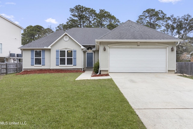 single story home with driveway, a front yard, fence, and stucco siding