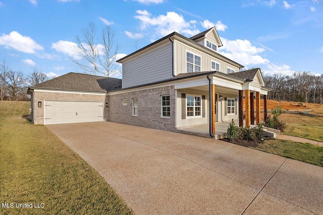 view of property exterior featuring a porch, a garage, and a lawn