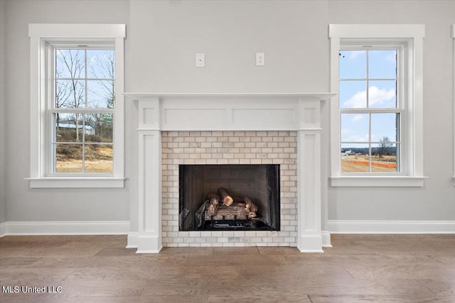 details featuring hardwood / wood-style flooring and a fireplace