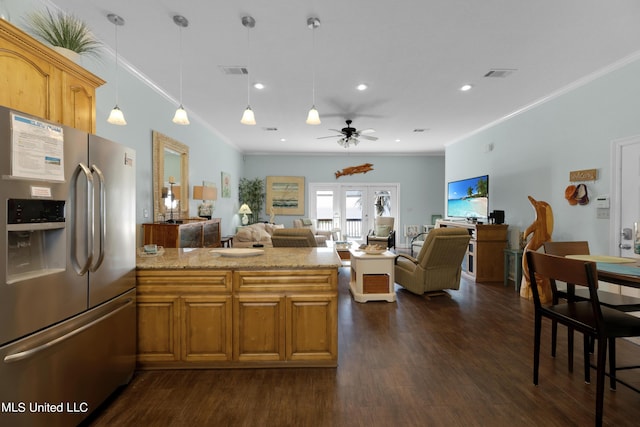 800 W Beach Blvd, Long Beach, MS 39560 - kitchen featuring stainless steel fridge with ice dispenser, ornamental molding, a peninsula, dark wood-style floors, and ceiling fan