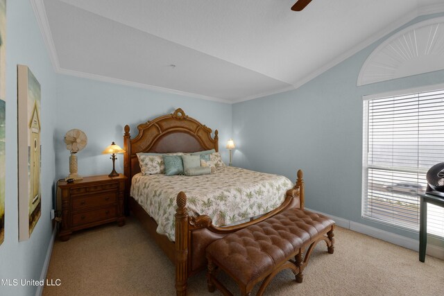 800 W Beach Blvd, Long Beach, MS 39560 - bedroom with carpet, lofted ceiling, ornamental molding, baseboards, and a ceiling fan