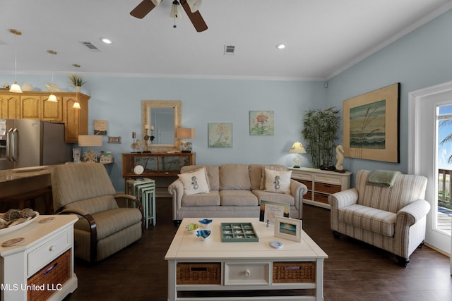 800 W Beach Blvd, Long Beach, MS 39560 - living room featuring dark wood finished floors, a ceiling fan, crown molding, and recessed lighting
