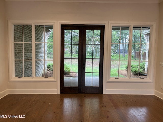 doorway to outside featuring french doors, plenty of natural light, and dark hardwood / wood-style floors