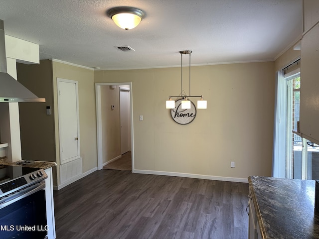 11086 E Taylor Rd, Gulfport, MS 39503 - kitchen featuring stainless steel electric range, wall chimney exhaust hood, dark wood finished floors, baseboards, and dark countertops