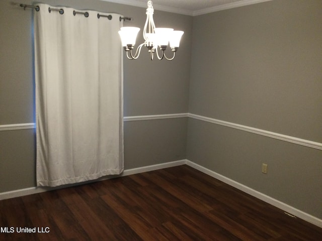 unfurnished room with crown molding, a notable chandelier, and dark hardwood / wood-style floors