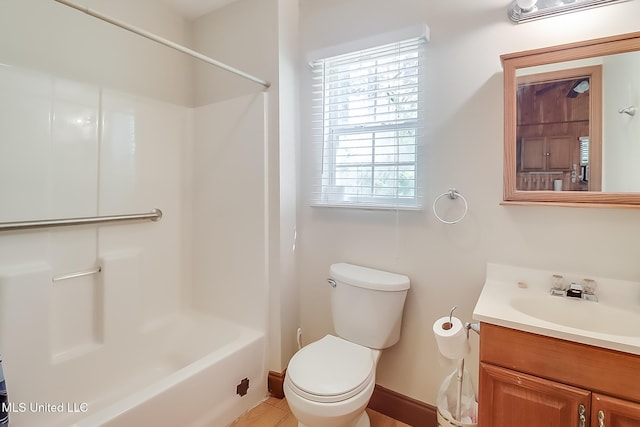 full bathroom with tile patterned flooring, vanity, toilet, and bathtub / shower combination