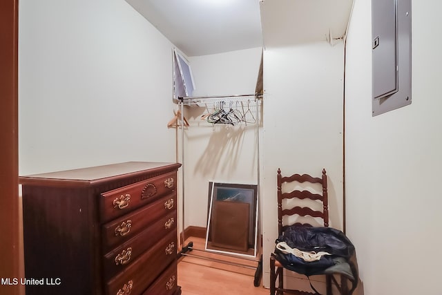 interior space featuring electric panel and light hardwood / wood-style flooring