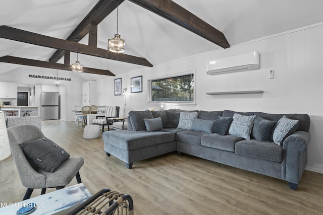 living room with lofted ceiling with beams, a wall unit AC, and light wood-style floors