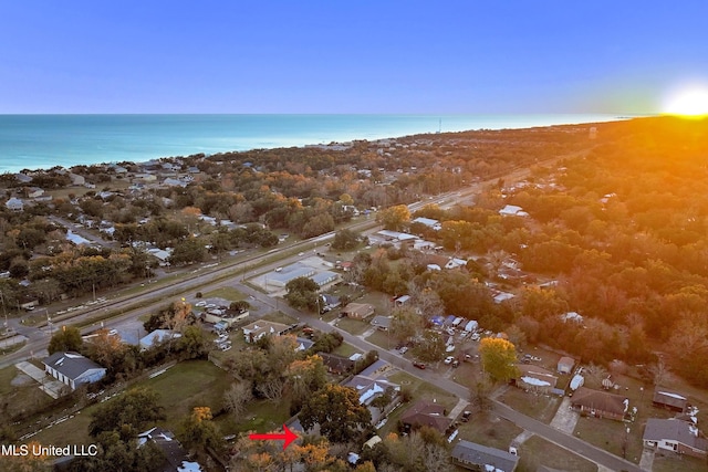 drone / aerial view with a water view and a view of the beach