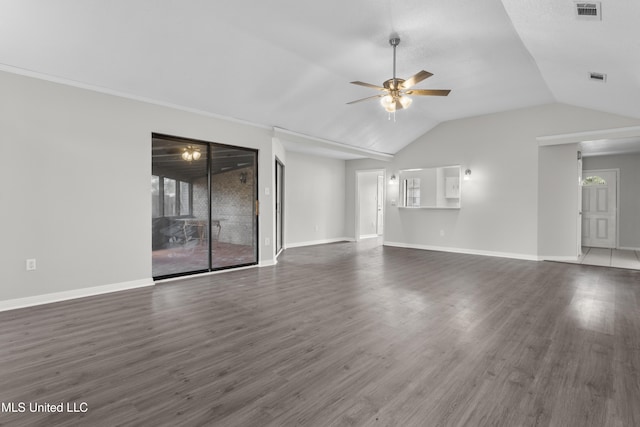 unfurnished living room with lofted ceiling, dark wood-type flooring, and ceiling fan