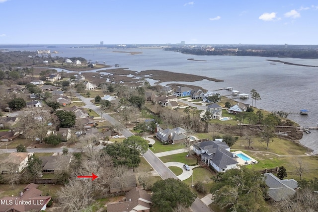 drone / aerial view featuring a water view