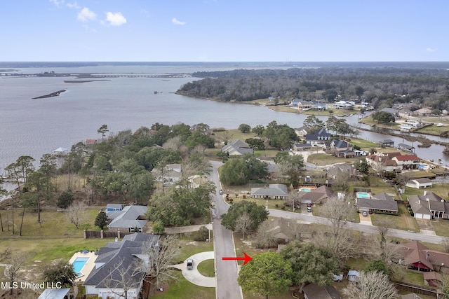 drone / aerial view featuring a water view