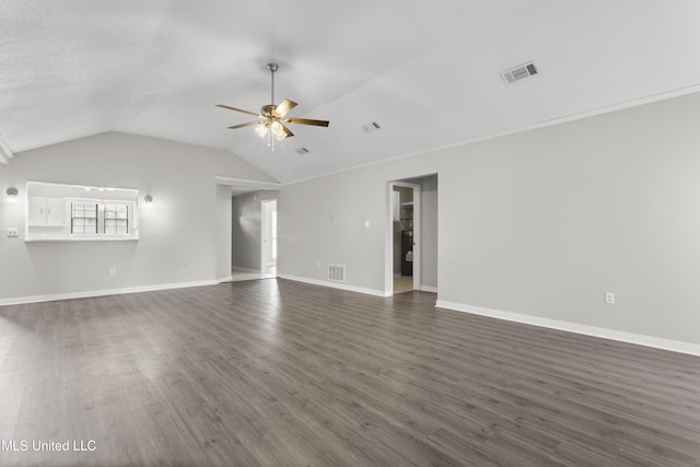 unfurnished living room with lofted ceiling, dark hardwood / wood-style floors, and ceiling fan