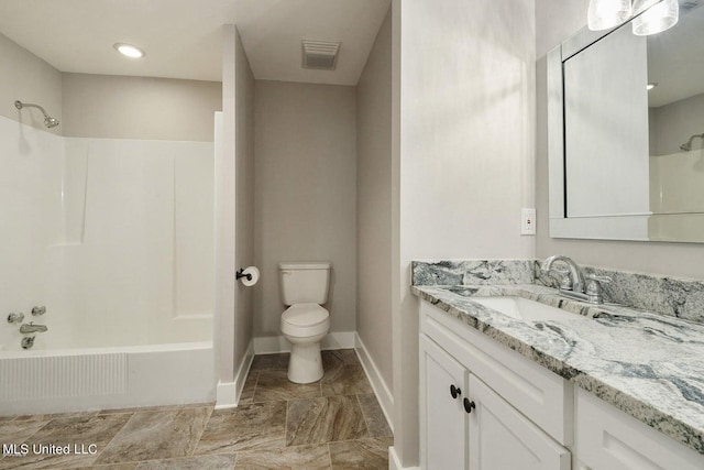 18153 Doc Lizana Rd, Gulfport, MS 39503 - full bath featuring  shower combination, toilet, vanity, baseboards, and visible vents