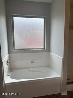 bathroom with a garden tub and a shower stall