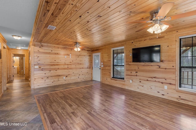 unfurnished living room featuring hardwood / wood-style floors, wooden walls, and plenty of natural light