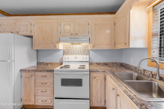 kitchen featuring white appliances, sink, and light brown cabinets