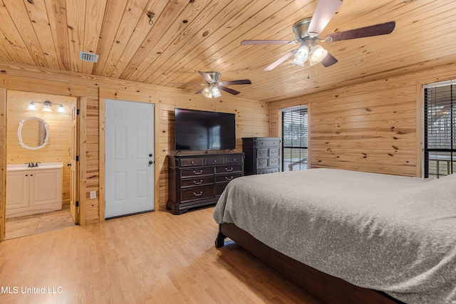 bedroom featuring connected bathroom, light hardwood / wood-style flooring, wooden ceiling, ceiling fan, and wood walls