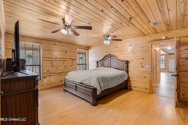 bedroom featuring wooden walls, wooden ceiling, light wood-type flooring, and ceiling fan