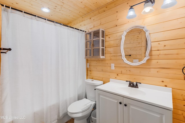 bathroom featuring wood walls, wood ceiling, toilet, a shower with curtain, and vanity