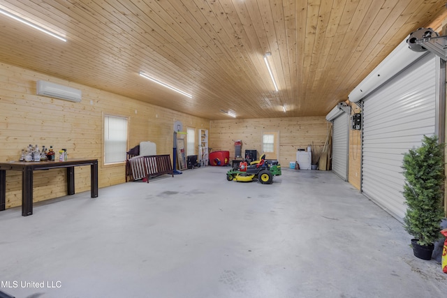 garage featuring wood walls, a wall mounted AC, and wooden ceiling