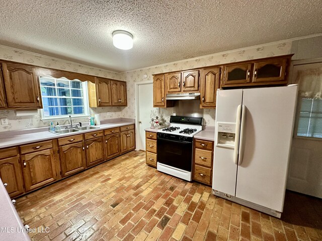 3427 Jr Davis Rd, Moss Point, MS 39562 - kitchen with white fridge with ice dispenser, a textured ceiling, under cabinet range hood, range with gas stovetop, and a sink