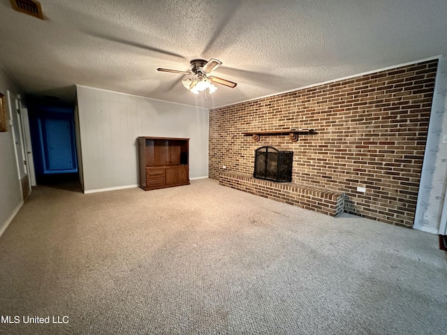 3427 Jr Davis Rd, Moss Point, MS 39562 - unfurnished living room featuring a ceiling fan, baseboards, carpet flooring, brick wall, and visible vents