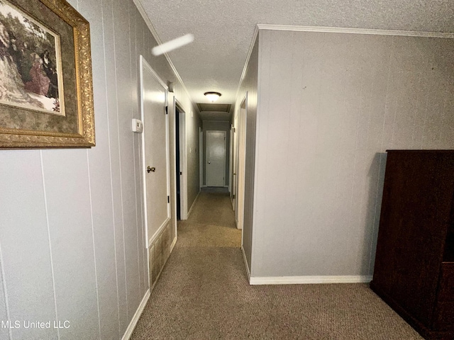 3427 Jr Davis Rd, Moss Point, MS 39562 - hall featuring carpet flooring, a textured ceiling, and ornamental molding