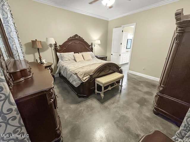 bedroom featuring crown molding, finished concrete flooring, baseboards, and ceiling fan