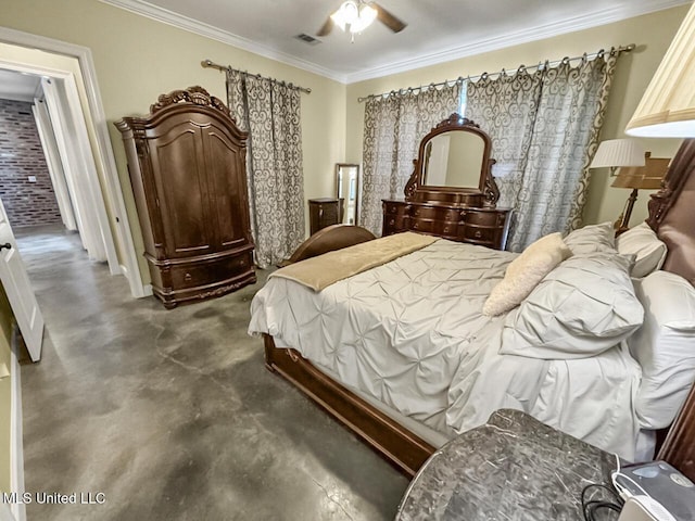 bedroom featuring concrete floors, visible vents, crown molding, and ceiling fan