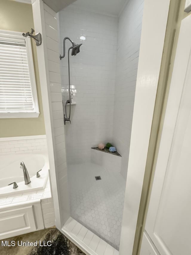 bathroom featuring a shower stall and a bath