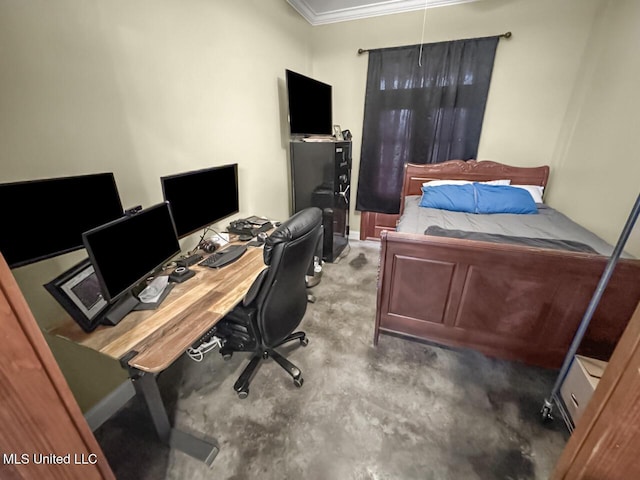 bedroom featuring ornamental molding and concrete floors