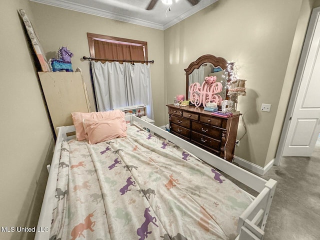 bedroom featuring a ceiling fan, crown molding, and baseboards