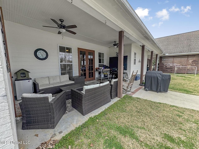 view of patio / terrace featuring an outdoor hangout area, fence, a ceiling fan, french doors, and grilling area