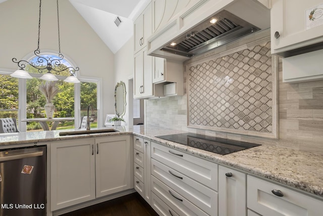 340 Sherborne Pl, Flowood, MS 39232 - kitchen with a sink, custom exhaust hood, black electric stovetop, stainless steel dishwasher, and vaulted ceiling